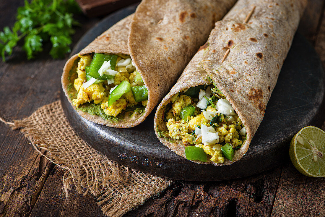 Wraps with crumbly paneer and vegetables