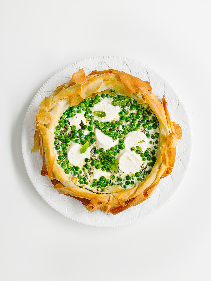 Pea and goat's cheese filo tart