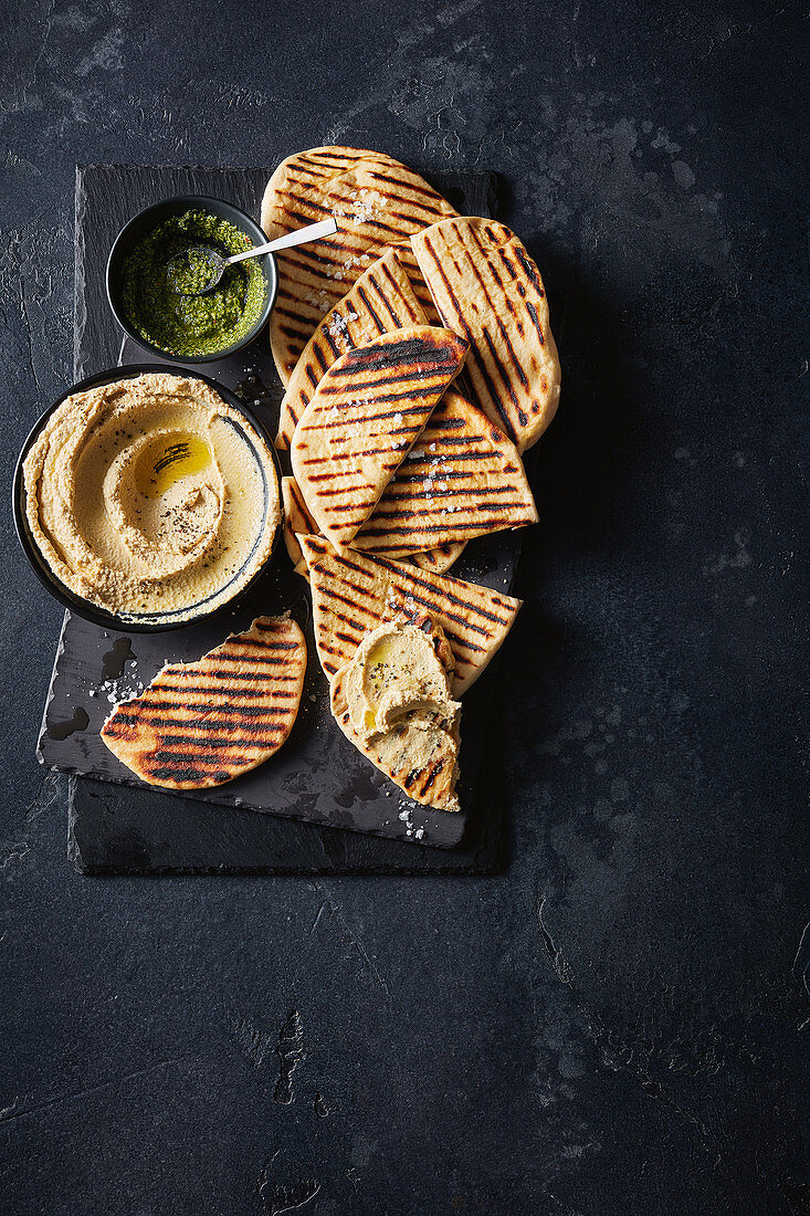 Sourdough flatbreads with whipped cod roe and dill pesto