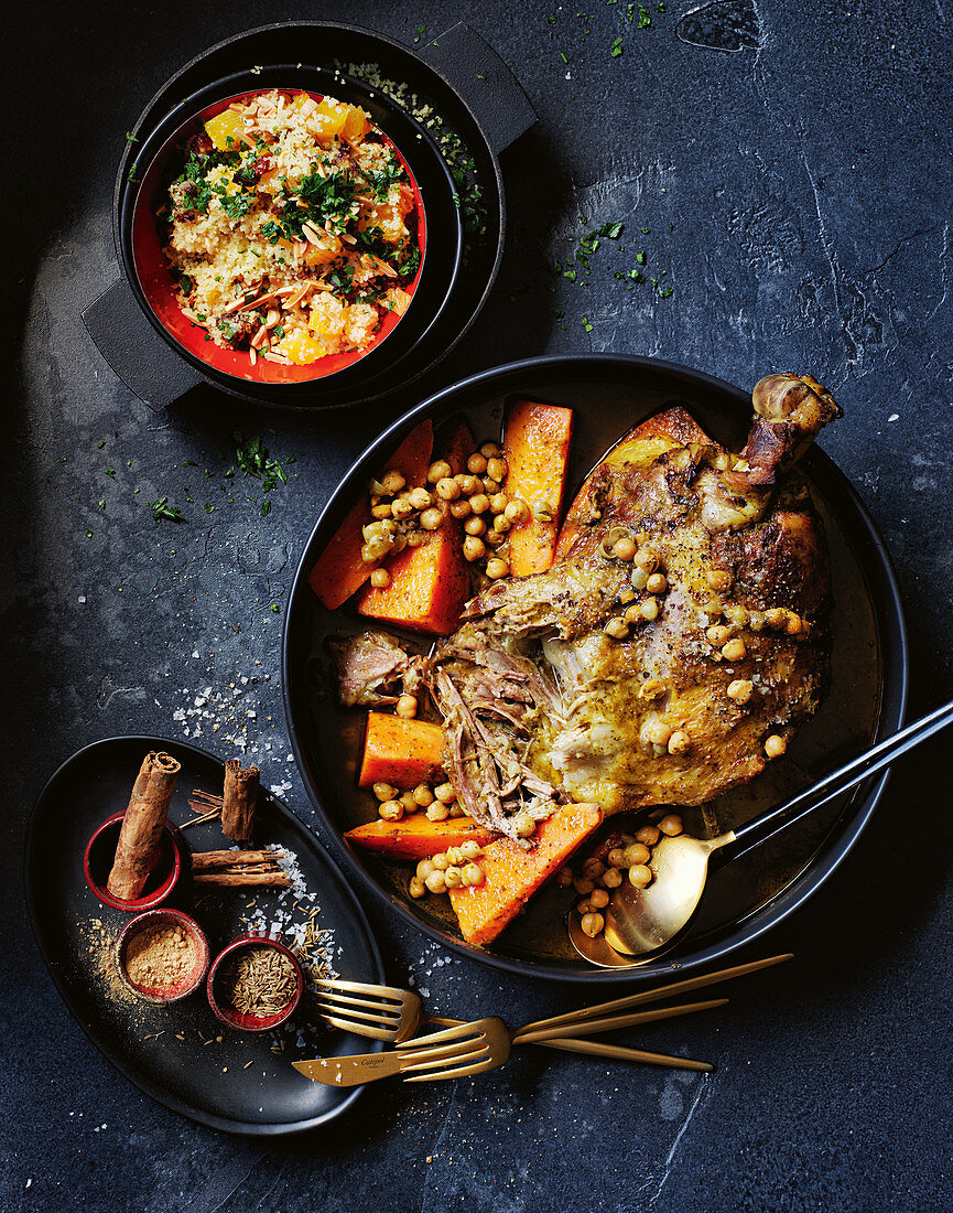 Slow-roasted lamb shoulder with orange and date couscous