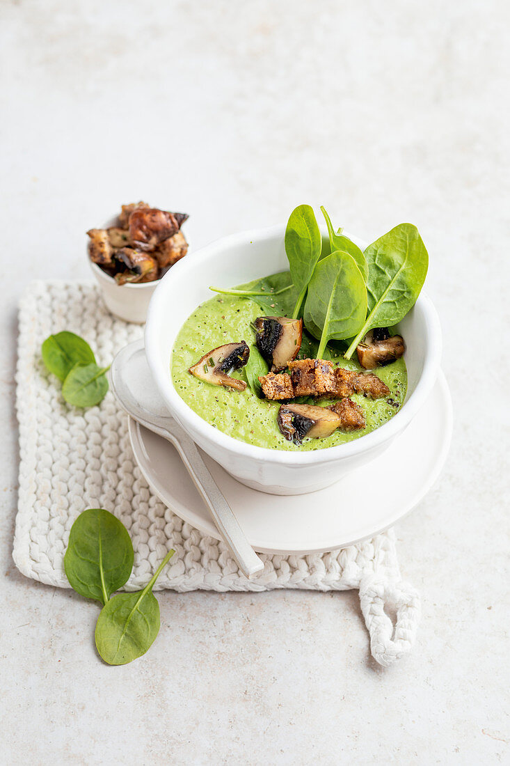 Leek and spinach soup with mushroom croutons