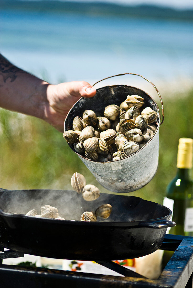 Cooking vongole in a pan on a camping grill