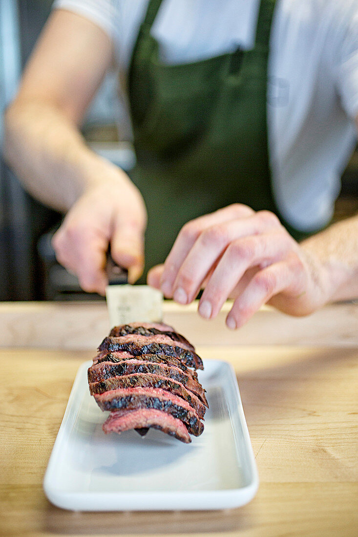 Plating up the Rare Beef Bavette Steak