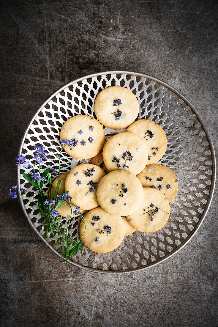 Butter cookies with forget-me-not flowers on a pastry plate