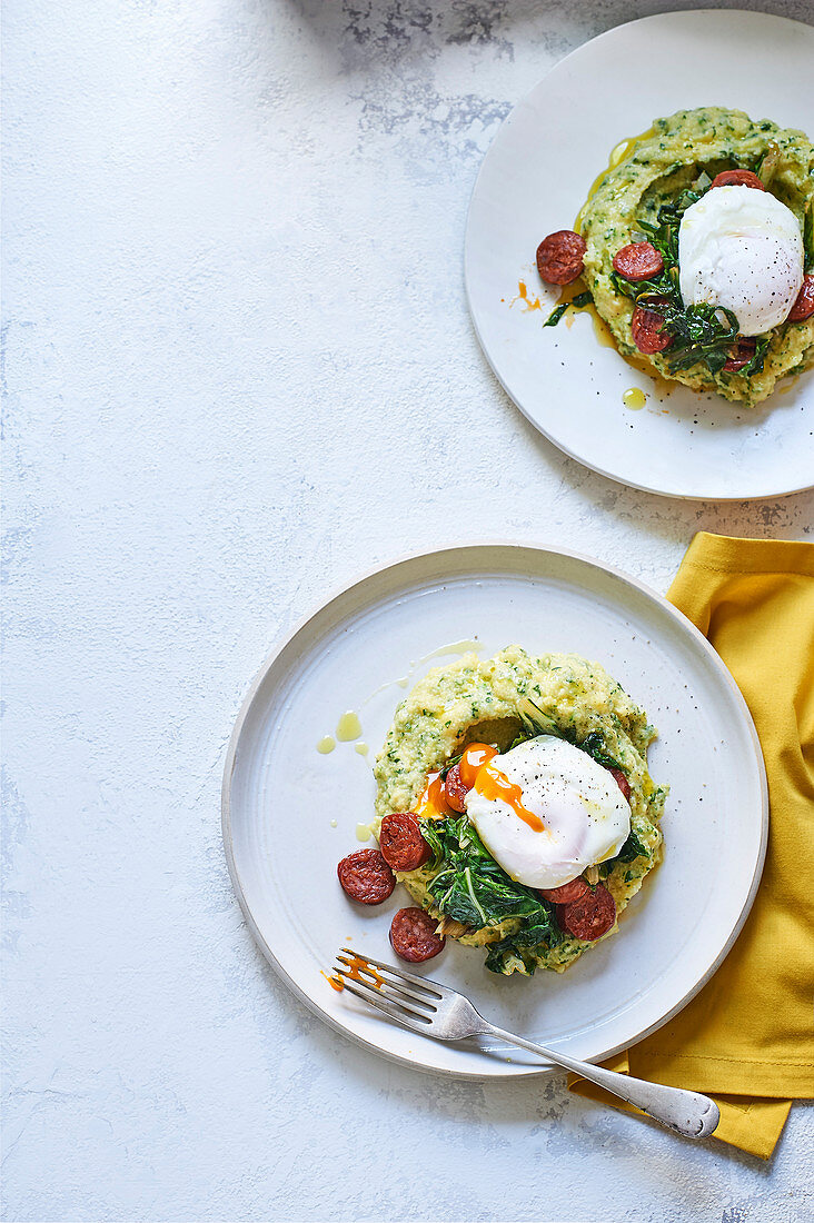Polenta with chorizo and poached eggs