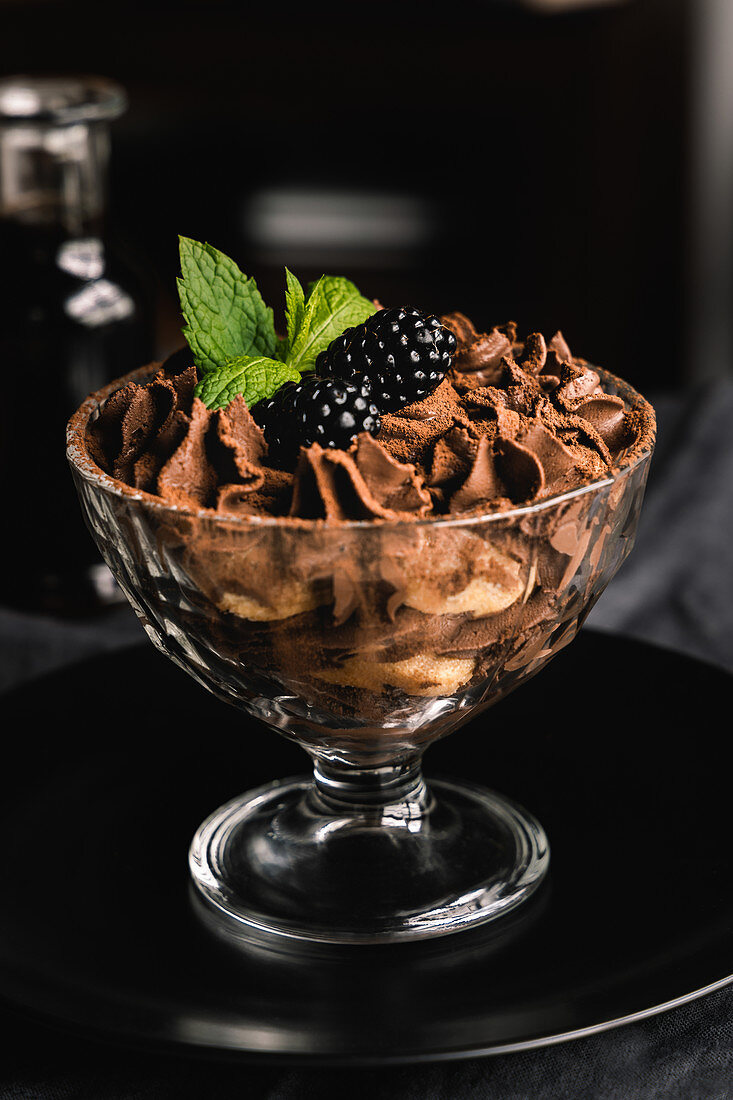 Chocolate Tiramisu decorated with blackberries and peppermint leaves