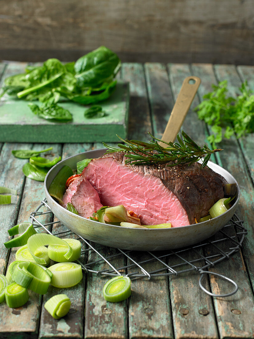 Roast veal with rosemary in a pan