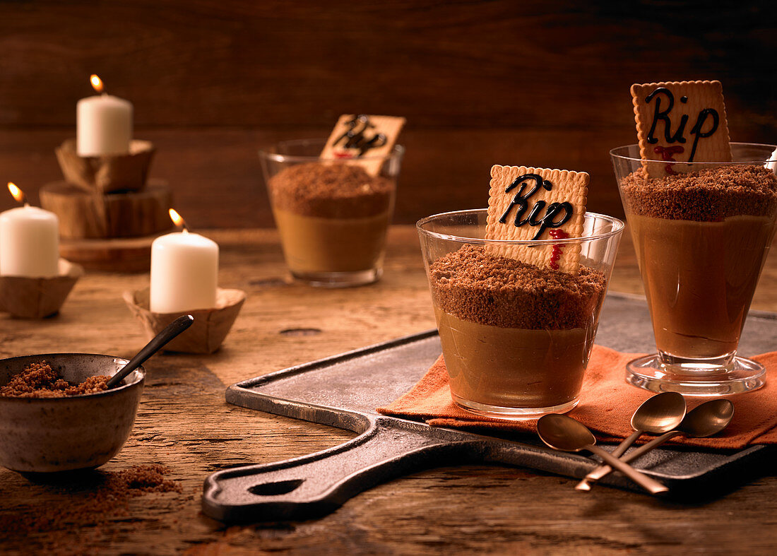 Mocha puddings with chocolate biscuit crumbs