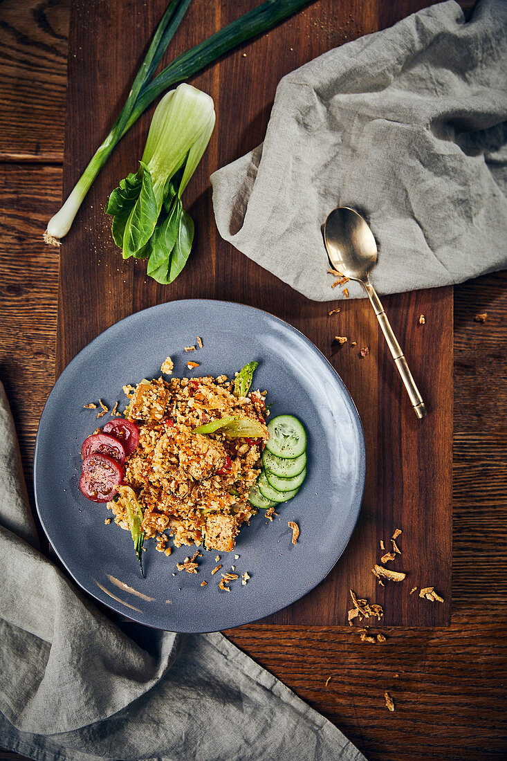 Vegan cauliflower nasi goreng with chilli tofu