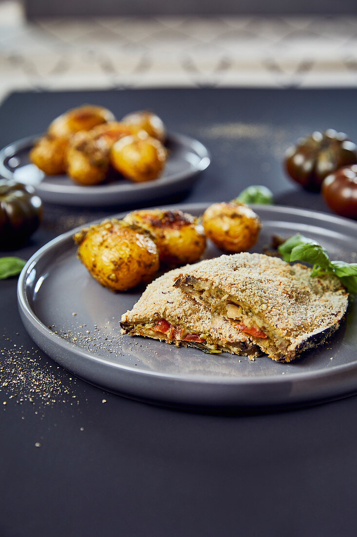 Vegan aubergine cordon bleu with pesto potatoes