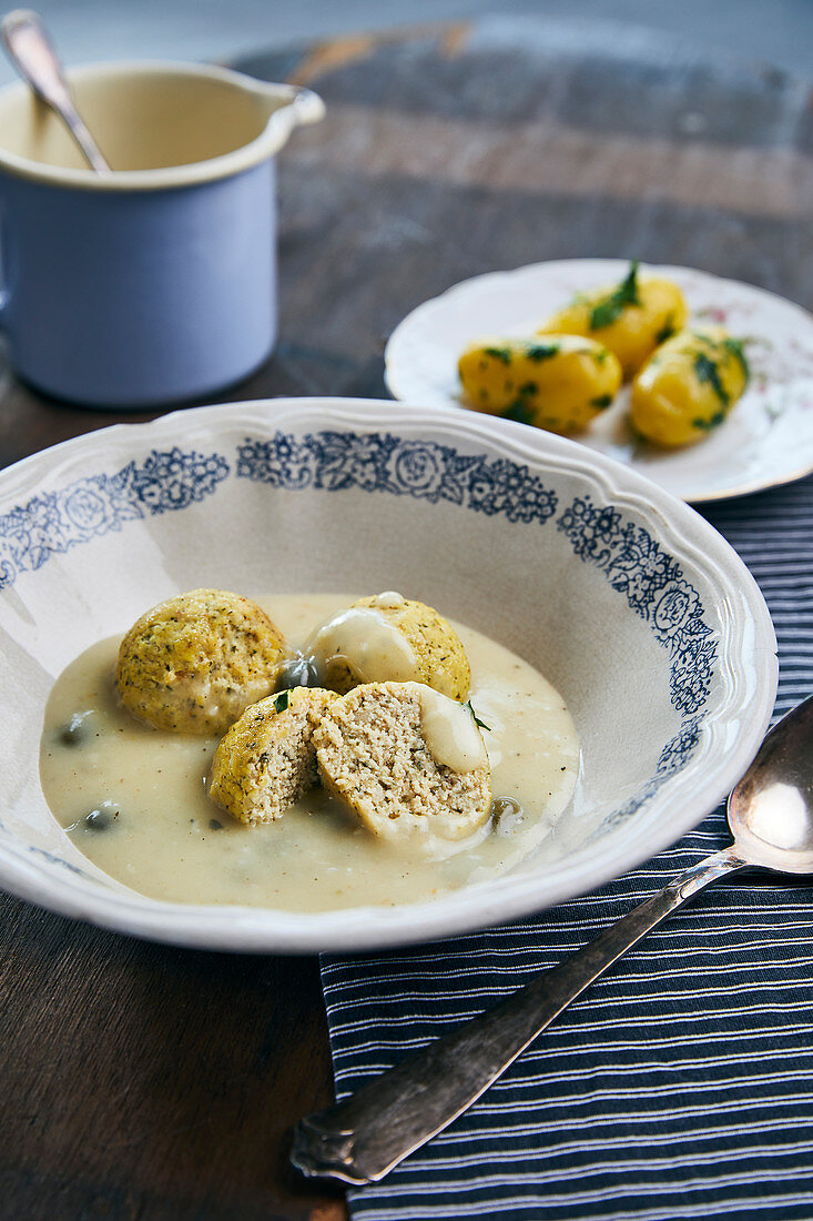 Vegan tofu meatballs in a caper sauce