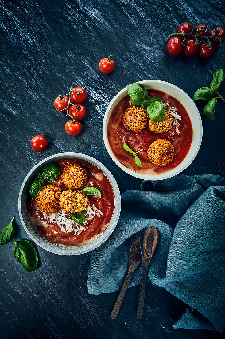Vegan tomato soup with rice, soya 'meatballs' and cashew nut cream