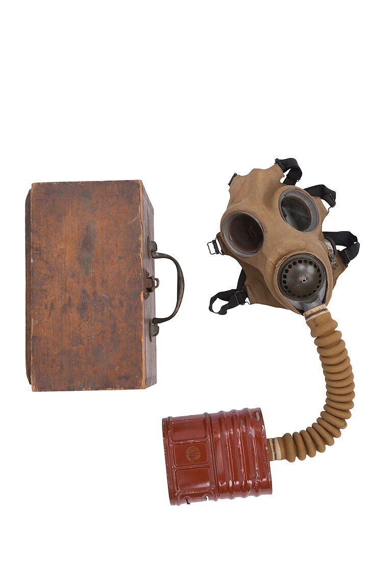 Gas mask and case, 1950s