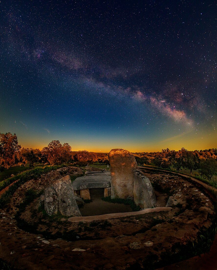 Milky Way and planets over Dolmen de Lacara, Spain