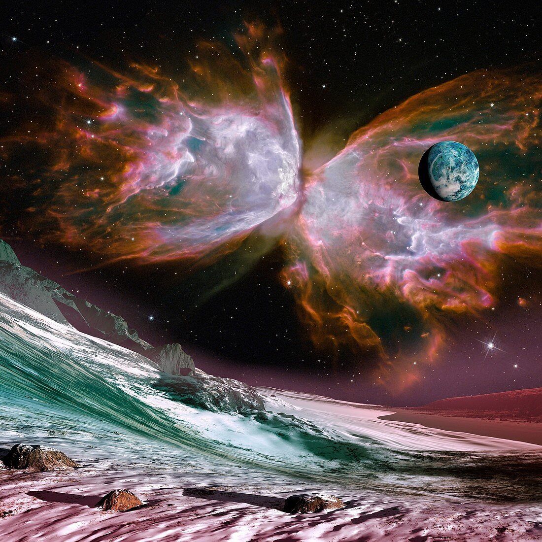 Butterfly nebula and exoplanets, illustration