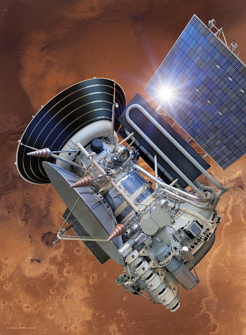Mars 3 spacecraft entering Mars orbit, illustration