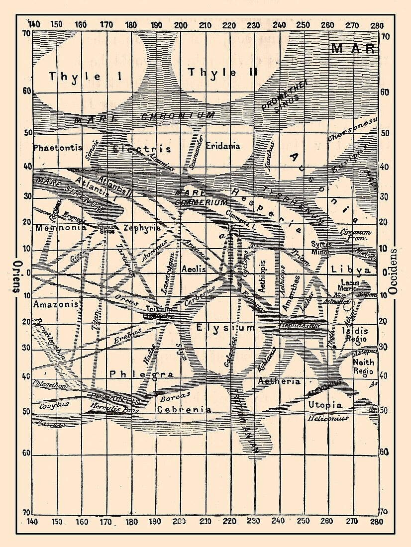 Mars map by Schiaparelli, 1889