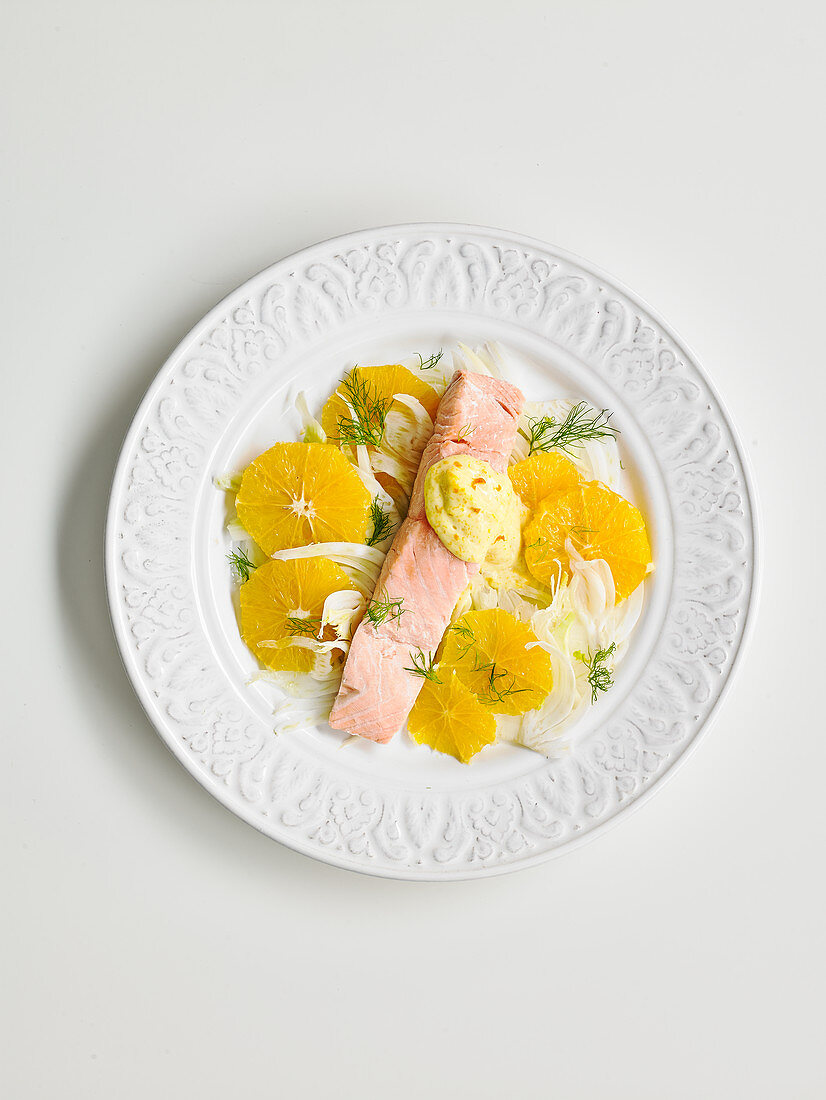 Orange fennel salad with poached salmon