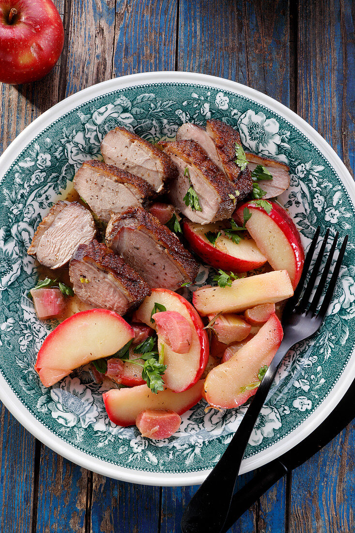 Duck breast with apples and rhubarb