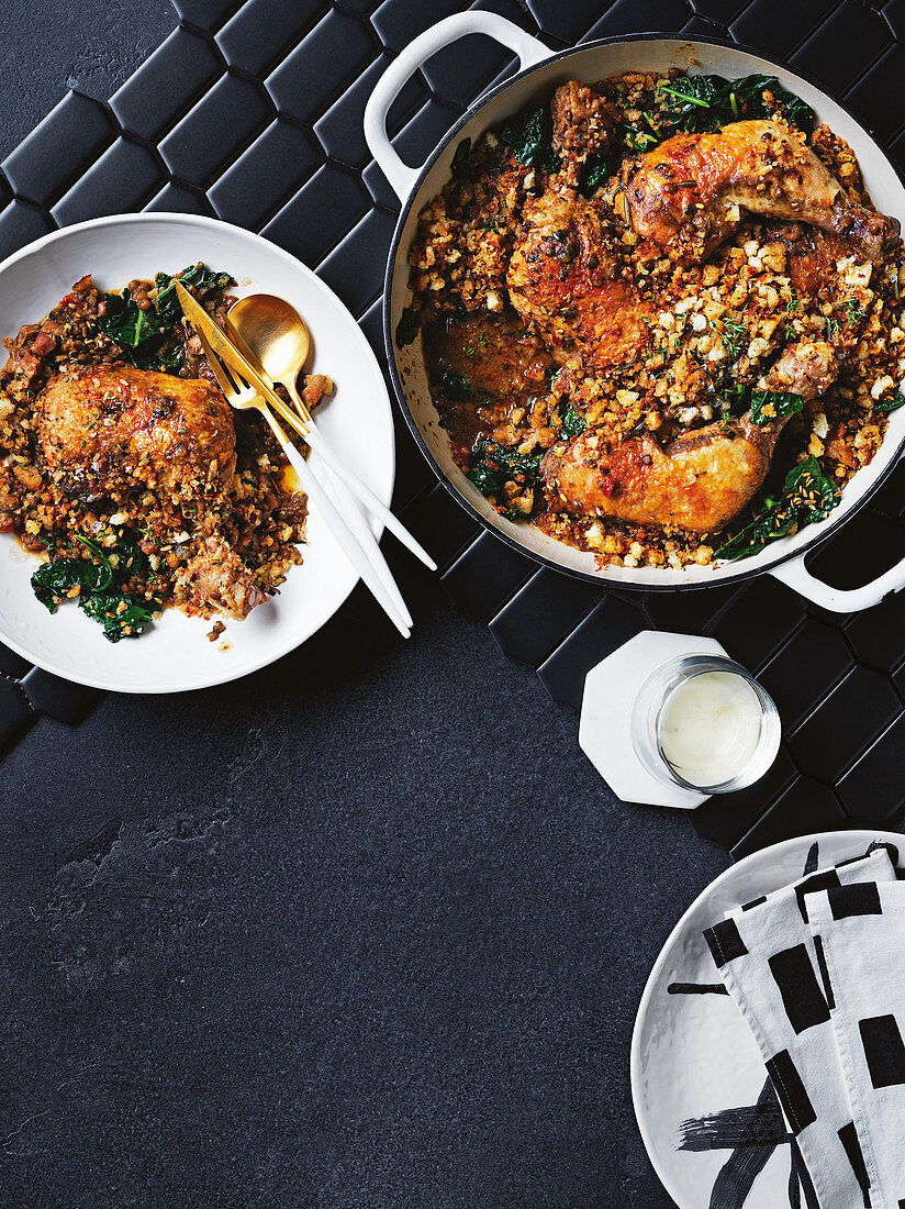 Modern cassoulet with chicken, pork belly, miso and Puy lentils