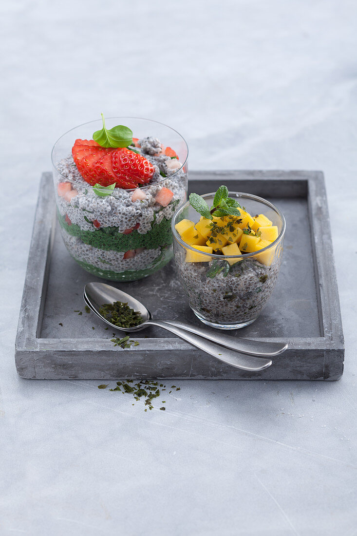 Chia pudding and chia-chlorella pudding with fruit