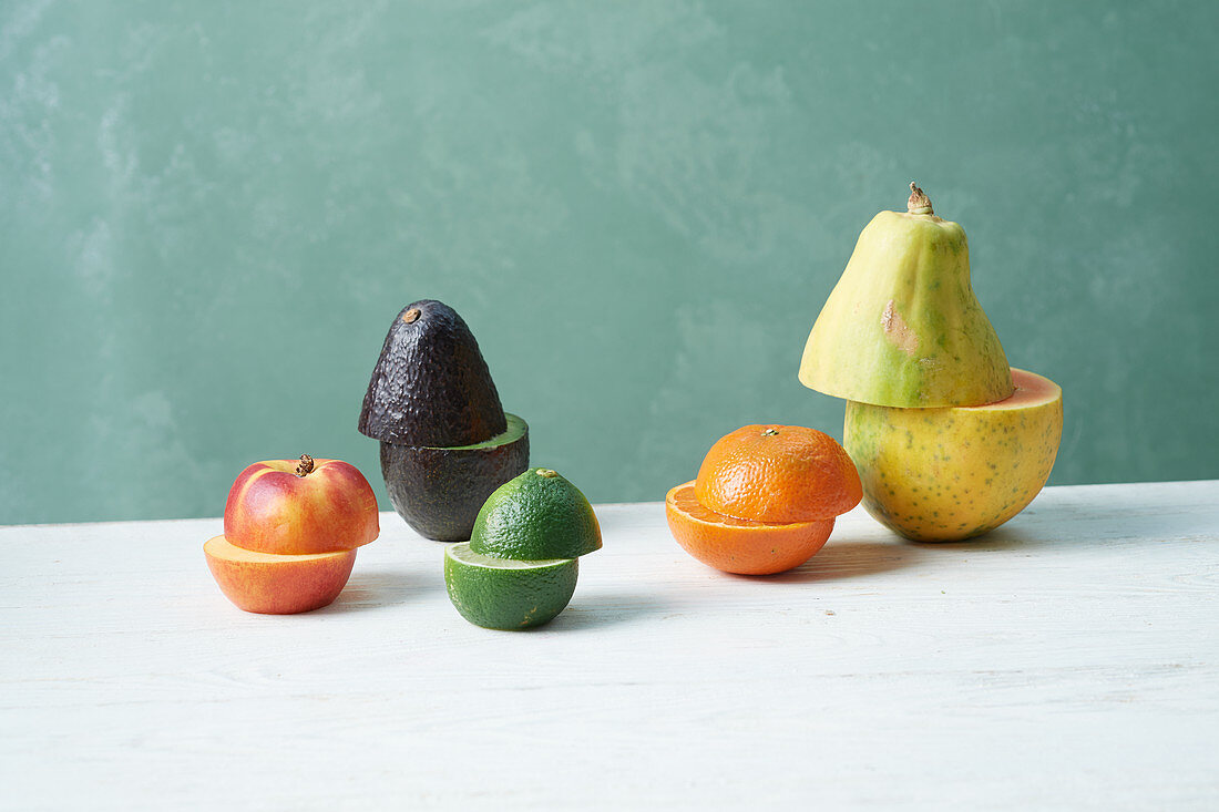 An arrangement of halved fruits