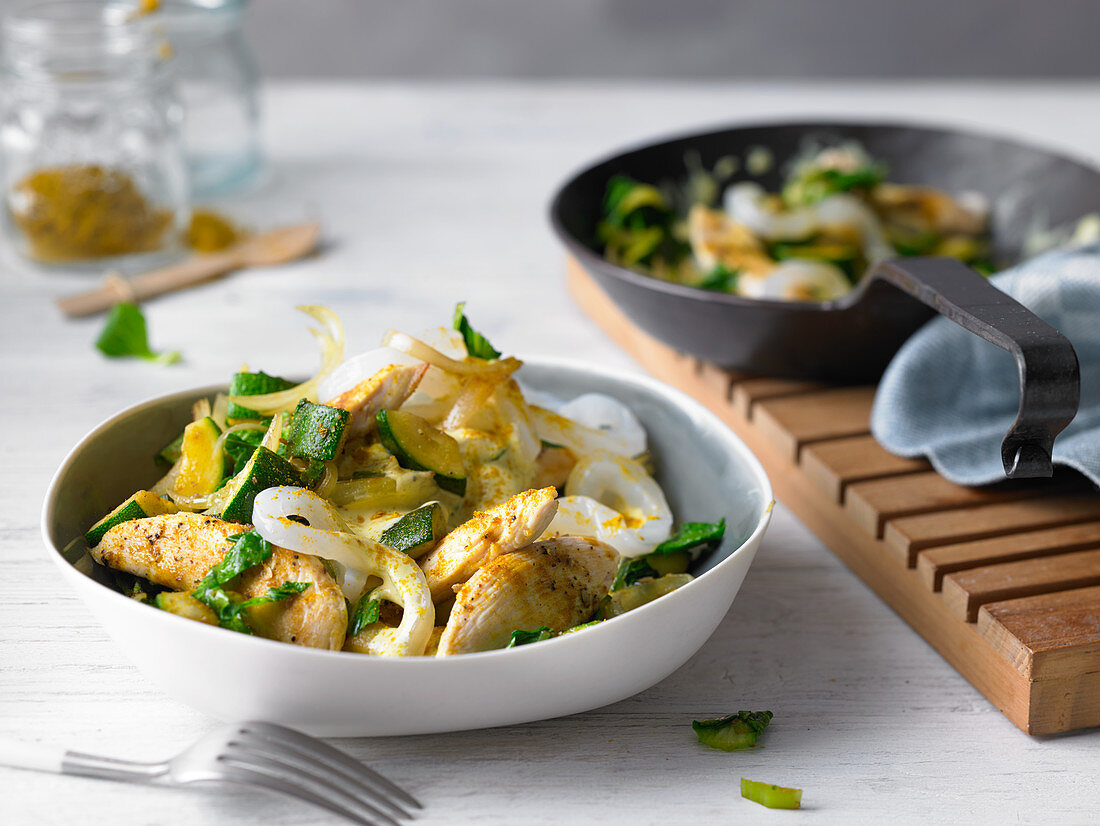 Curried chicken with konjak noodles and bok choy