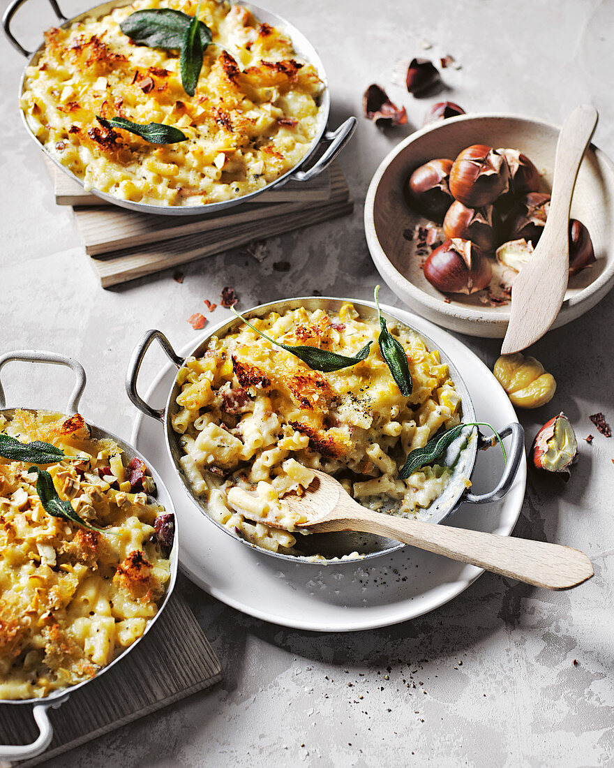 Mac and cheese with bacon, chestnut and sage with sourdough crumb