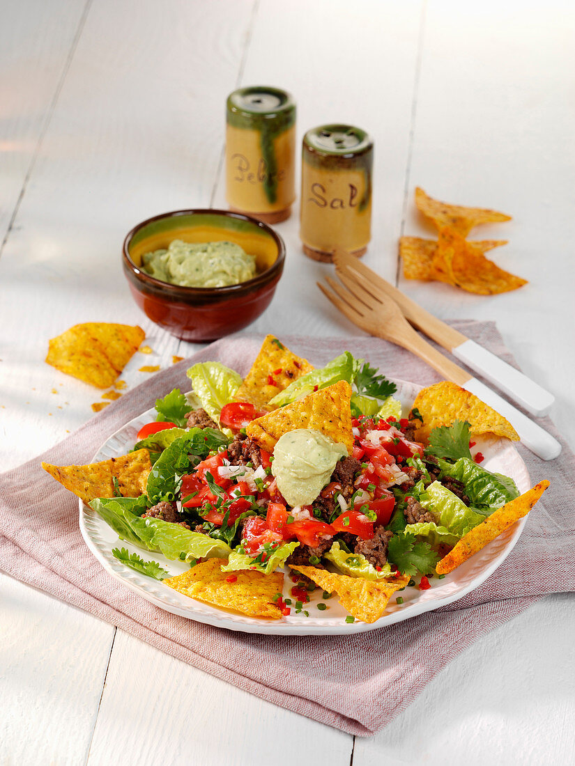 Mexican avocado salad with minced meat and tortilla chips