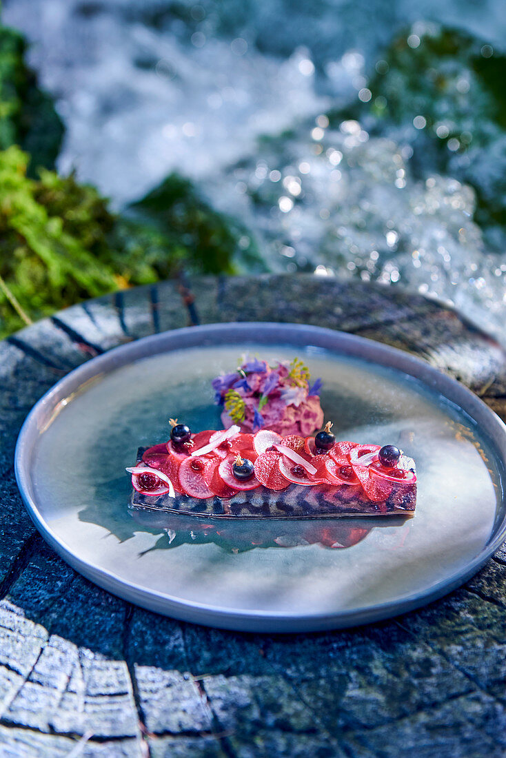 Marinated radish mackerel with cassis cream and edible flowers