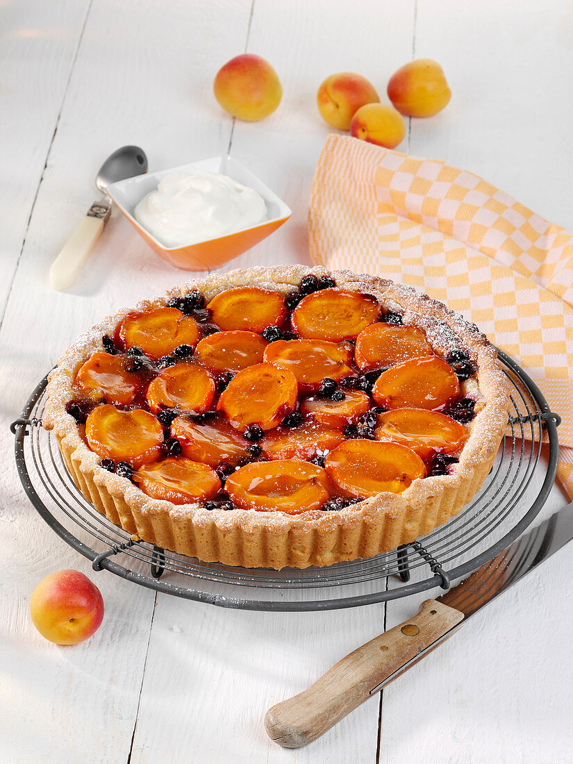 Apricot and marzipan tart with blackcurrants
