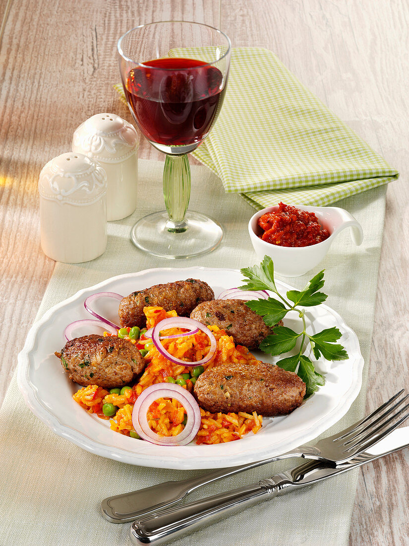 Cevapcici sausages with pepper rice