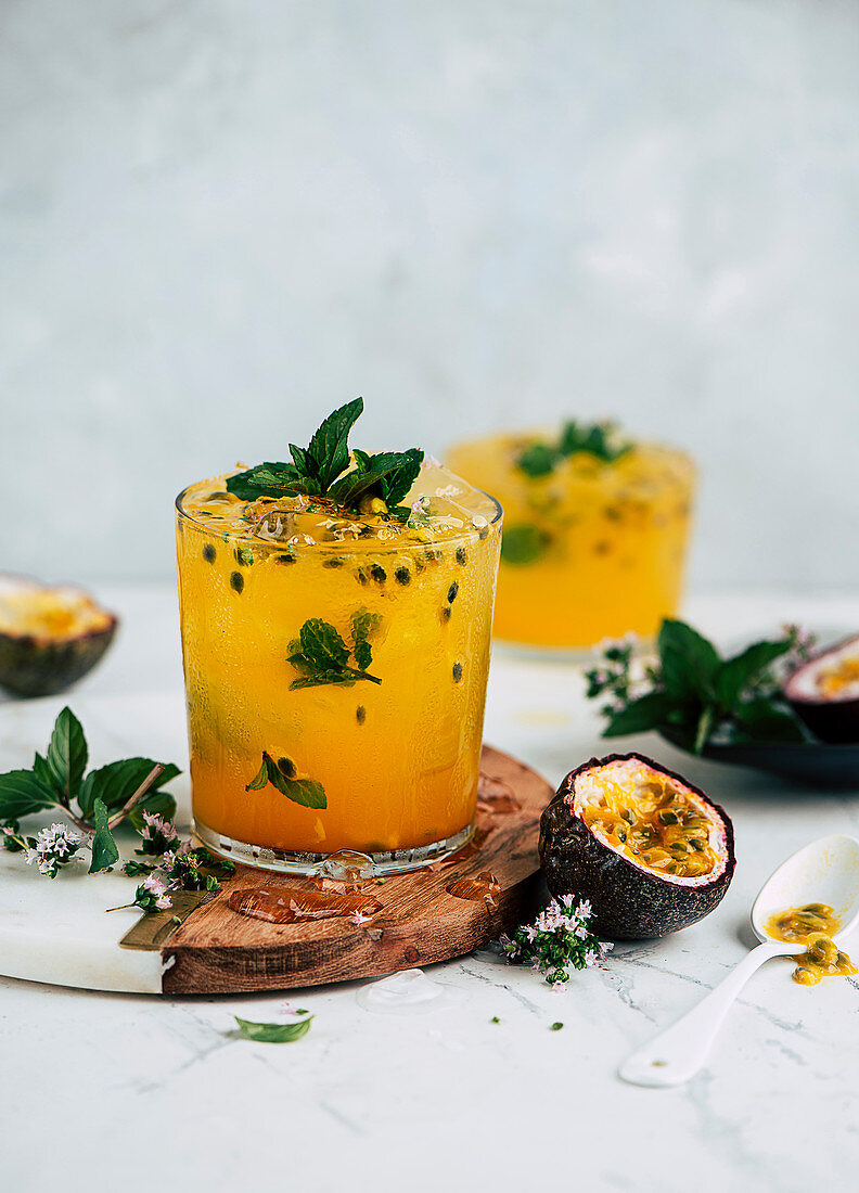 Passion fruit cocktails with mint