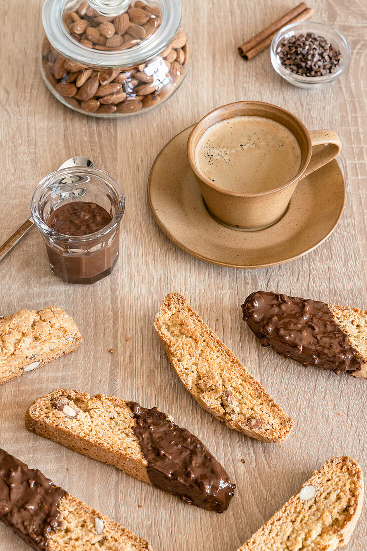 Italian almond cookies cantucci with dark chocolate and coffee
