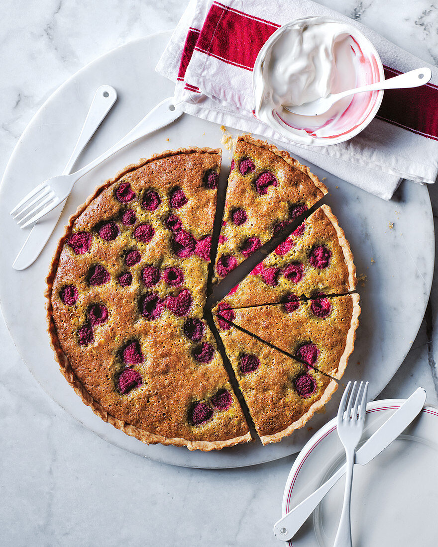 Pistachio and raspberry tart