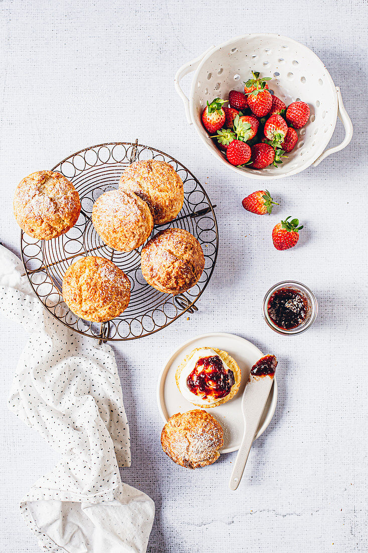 Classic scones with cream and strawberry jam