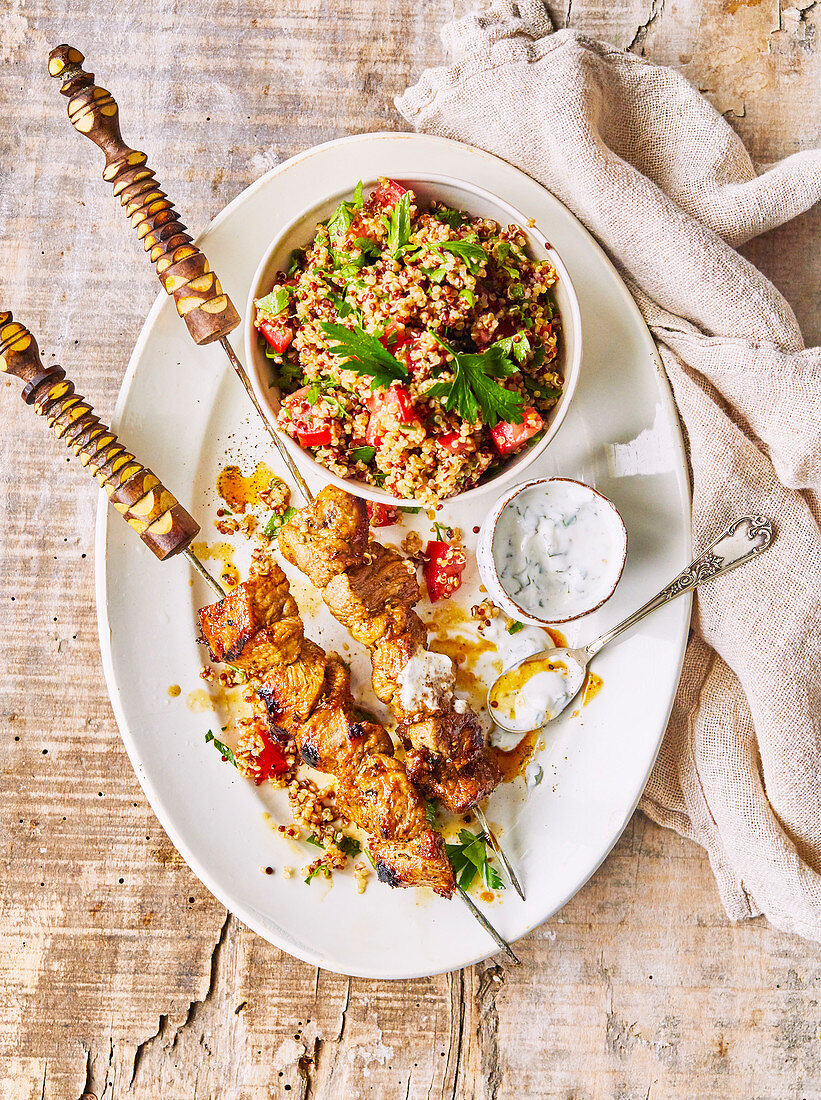 Lamb kebabs and quinoa salad with mint yogurt