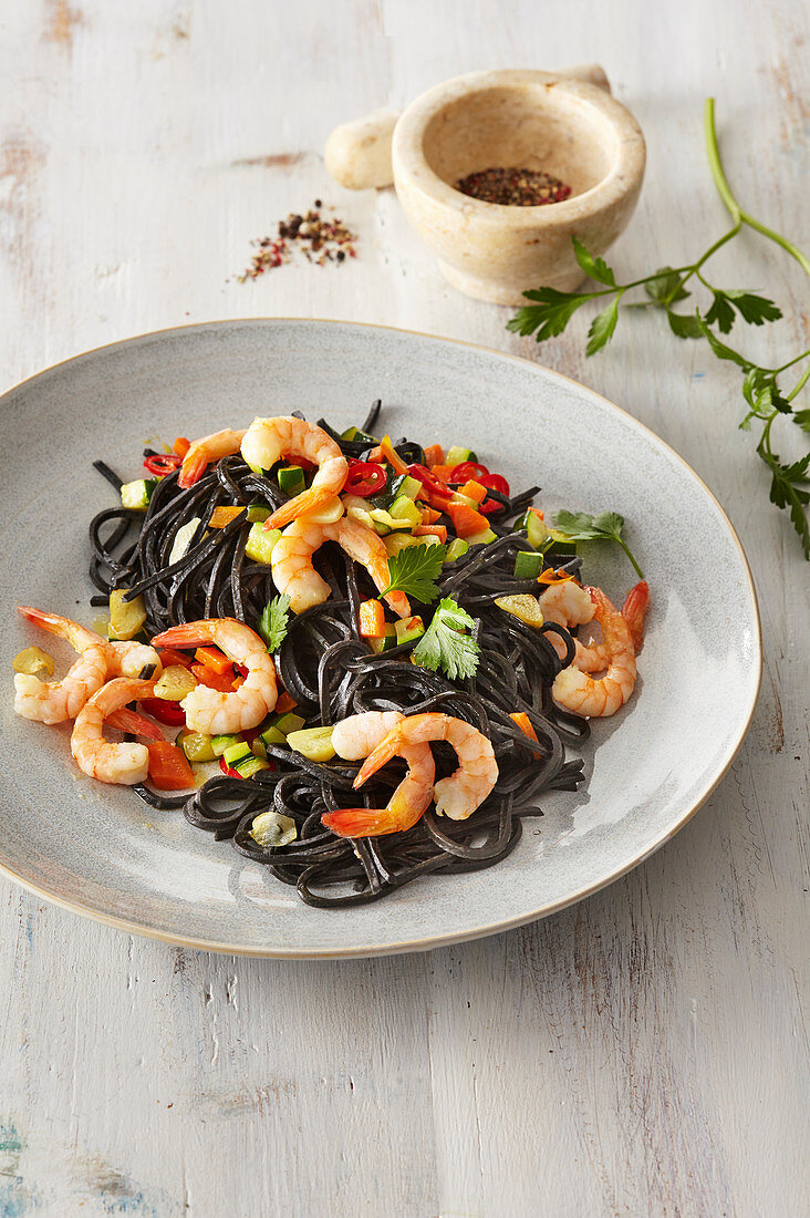 Italian black pasta with shrimps