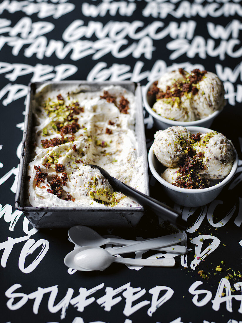 Whipped gelato with candied bread and pistachios