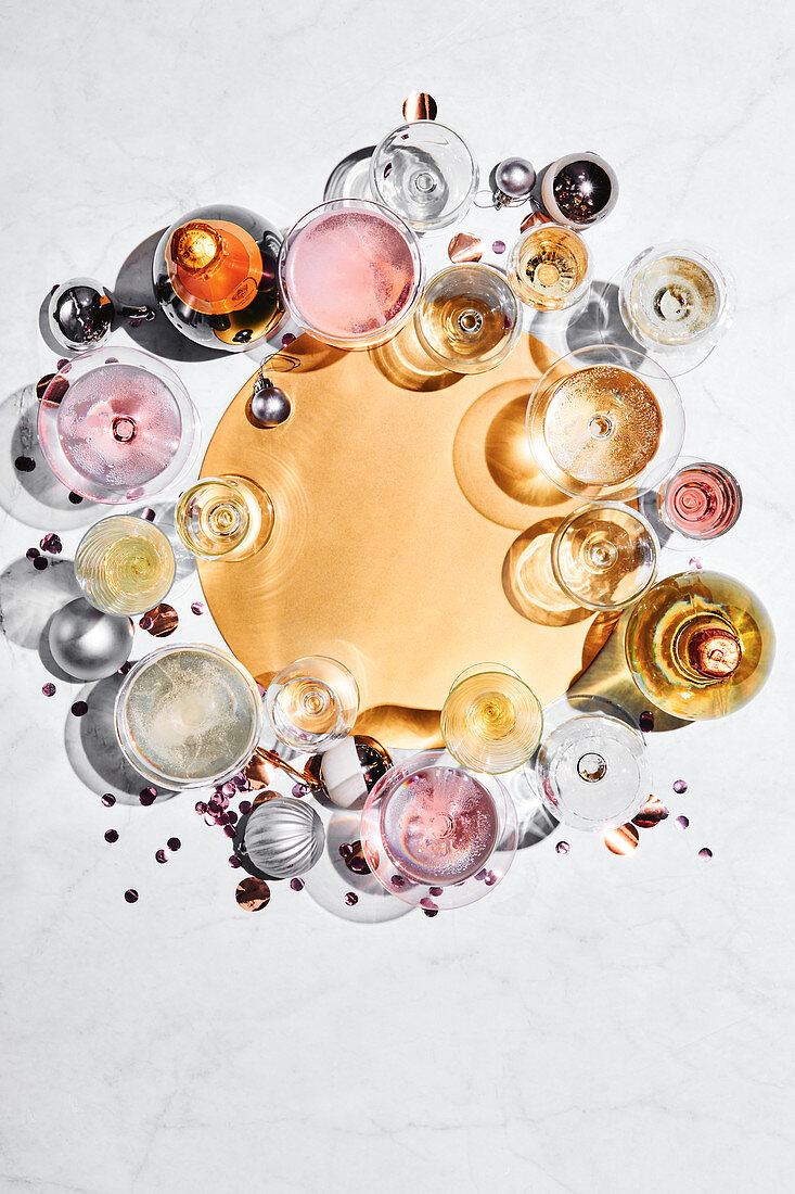 Glasses from above with champagne, rose champagne and white wine