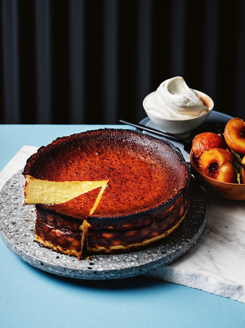 Basque goat's cheesecake with baked peaches