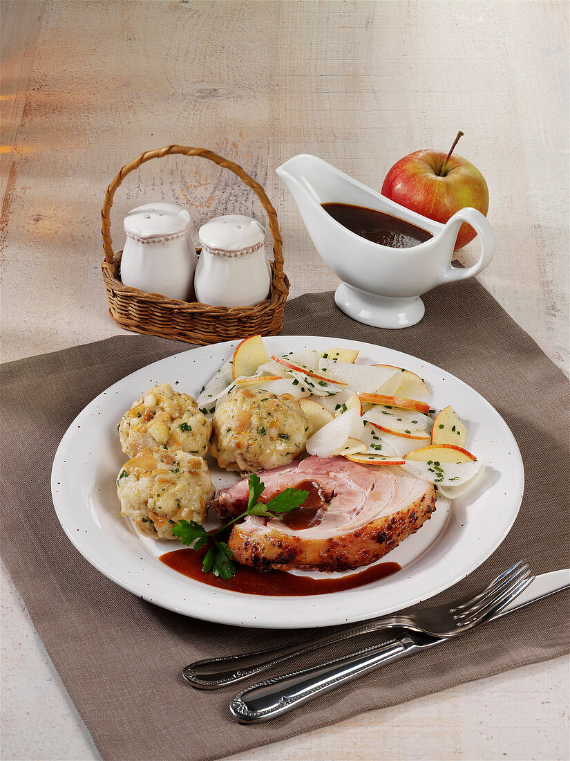 Roast crust with pretzel dumplings and radish salad