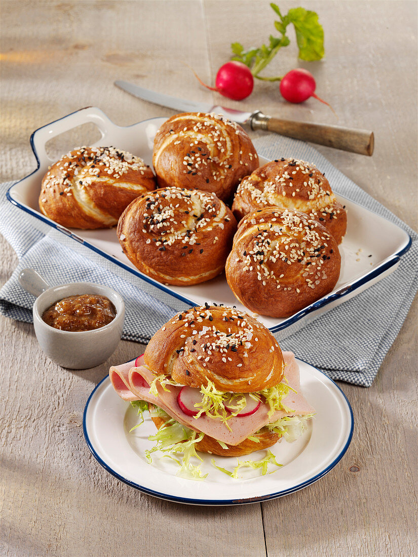 Home-baked pretzel rolls