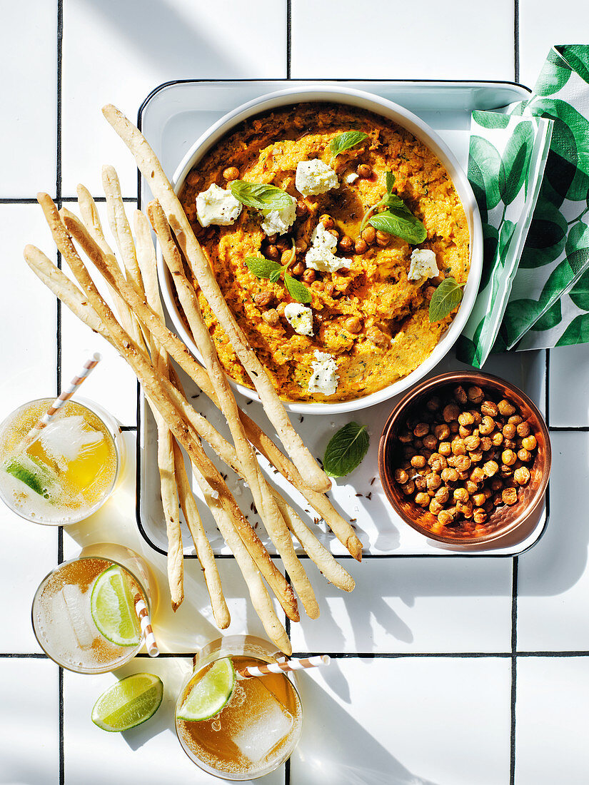 Roasted carrot hummus with feta and mint