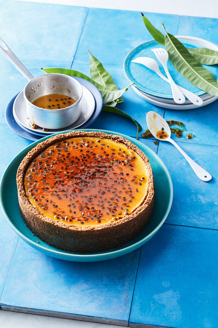 Mango cheesecake with burnt honey and passionfruit