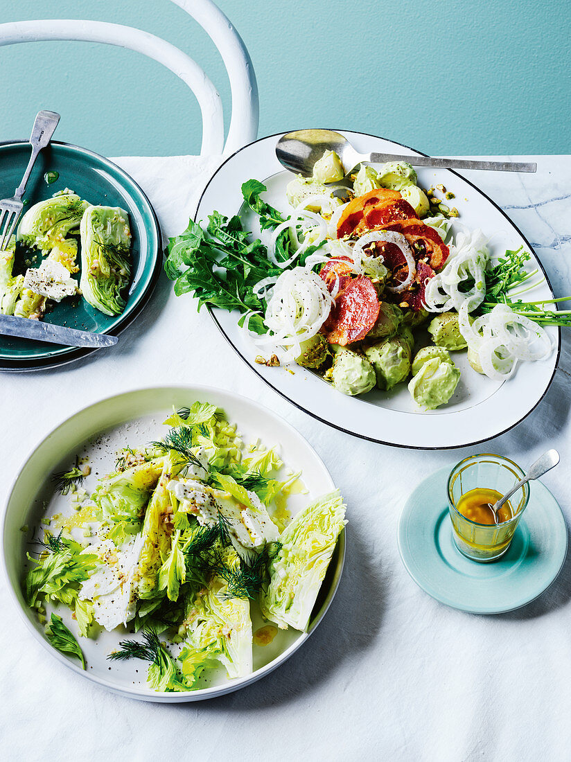Potato pancetta salad with avocado cream, Iceberg and celery salad with lemon & anchovy dressing