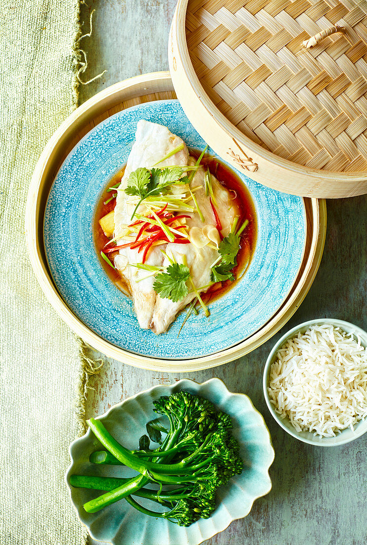 Soy steamed sea bream with ginger and spring onions