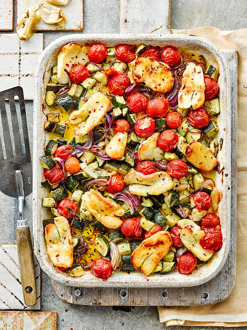 Halloumi and Mediterranean veg traybake