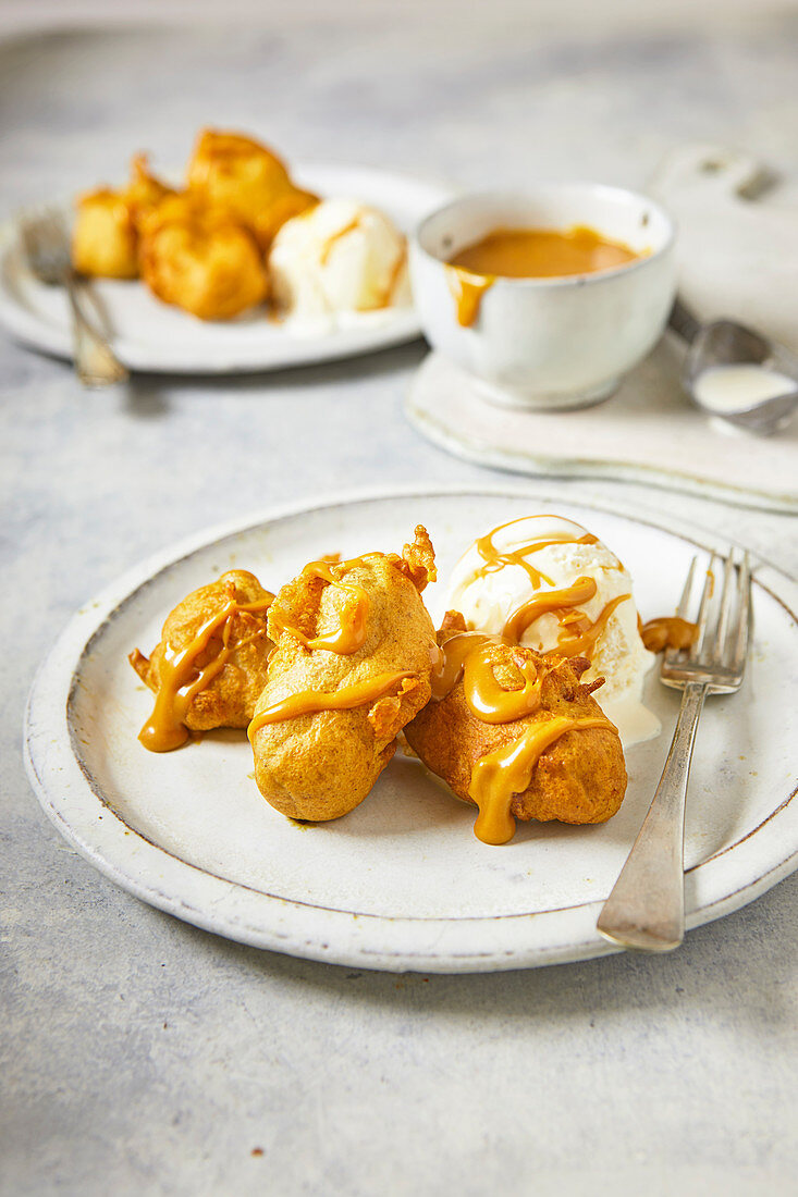 Banana fritters with salted caramel sauce