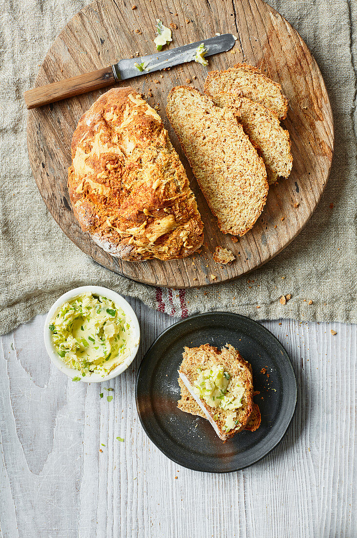Cheddar soda bread with spring onion buttter